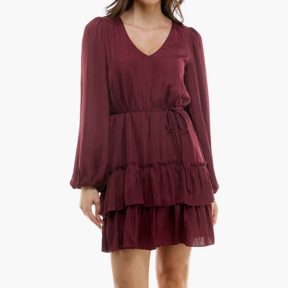 {Socialite} NWOT Burgundy Tiered Long Sleeve Satin Mini Dress Cocktail Party